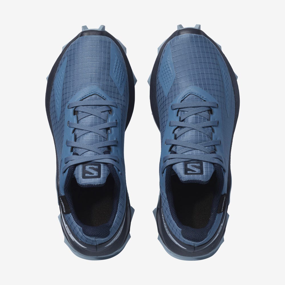 Kids' Salomon ALPHACROSS BLAST CLIMASALOMON™ WATERPROOF Trail Running Shoes Blue/Navy/Blue | SA48703-742