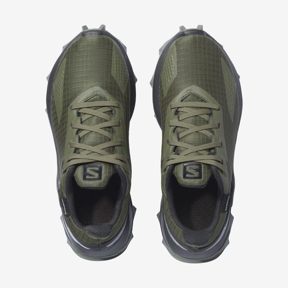 Kids' Salomon ALPHACROSS BLAST CLIMASALOMON™ WATERPROOF Trail Running Shoes Olive/Black/Grey | SA58134-512