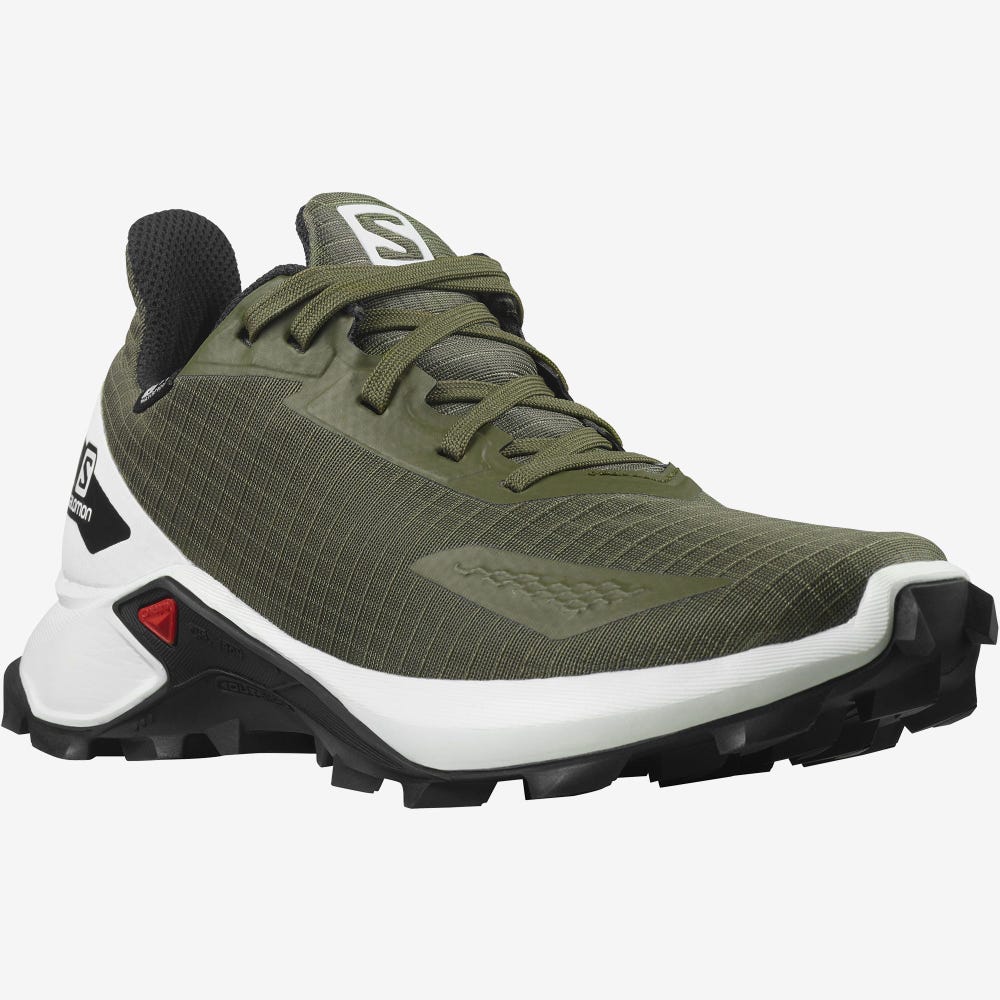 Kids' Salomon ALPHACROSS BLAST CLIMASALOMON™ WATERPROOF Trail Running Shoes Olive/White/Black | SA87604-510