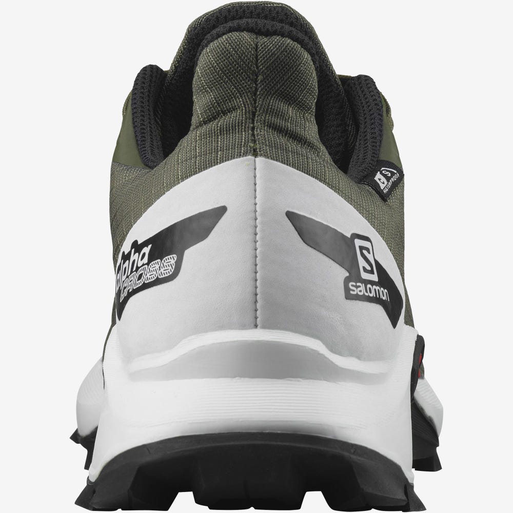 Kids' Salomon ALPHACROSS BLAST CLIMASALOMON™ WATERPROOF Trail Running Shoes Olive/White/Black | SA87604-510