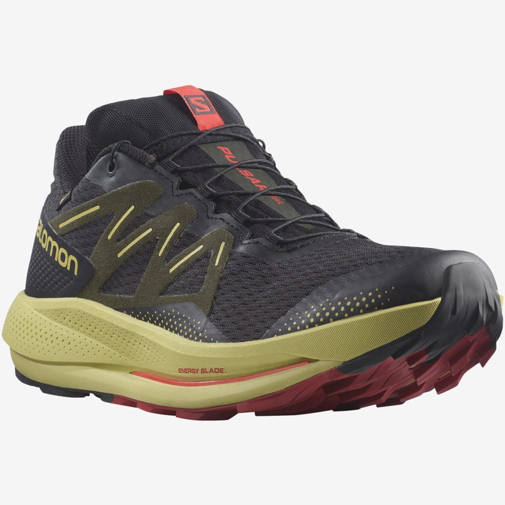 Men's Salomon PULSAR TRAIL GORE-TEX Trail Running Shoes Black/Green/Red | SA46320-174