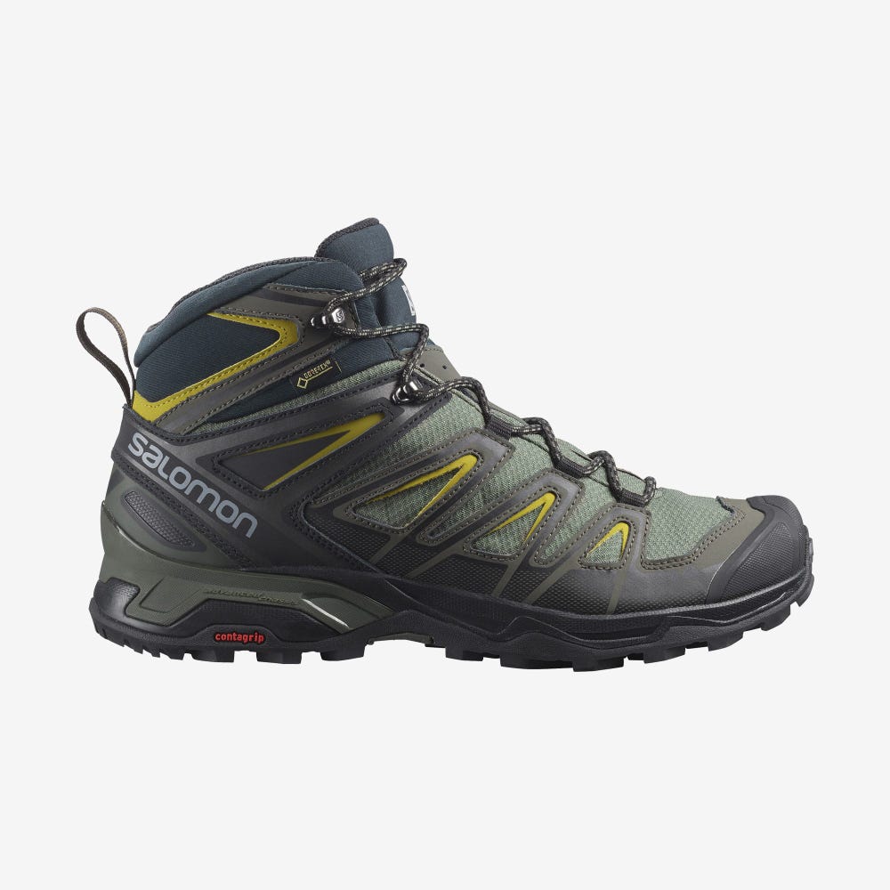 Men\'s Salomon X ULTRA 3 MID GORE-TEX Hiking Boots Grey/Black/Green | SA30975-592