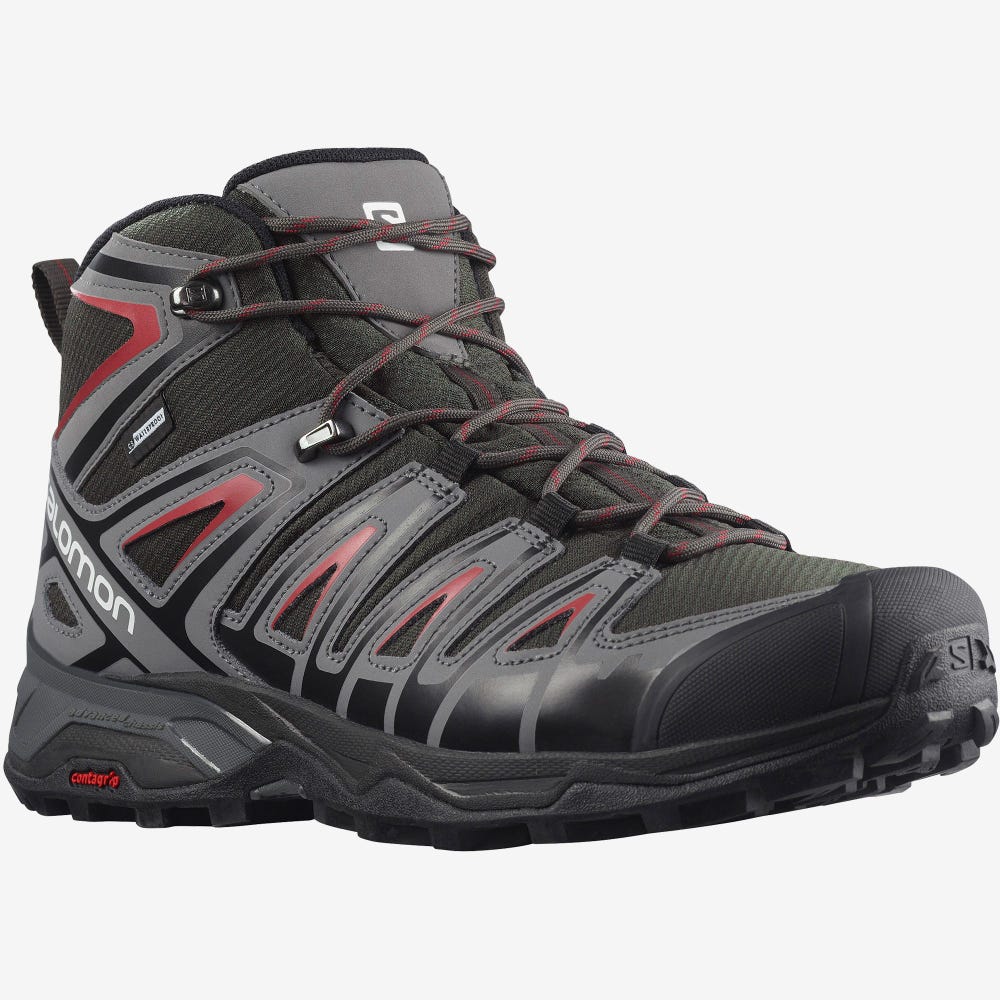 Men's Salomon X ULTRA PIONEER MID CLIMASALOMON™ WATERPROOF Hiking Boots Olive/Red | SA63872-082