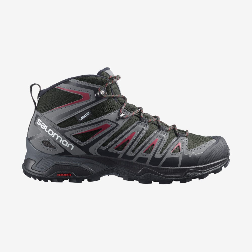 Men\'s Salomon X ULTRA PIONEER MID CLIMASALOMON™ WATERPROOF Hiking Boots Olive/Red | SA63872-082