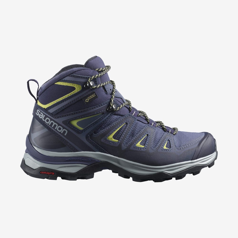 Women\'s Salomon X ULTRA 3 WIDE MID GORE-TEX Hiking Boots Blue/Light Green | SA15260-498