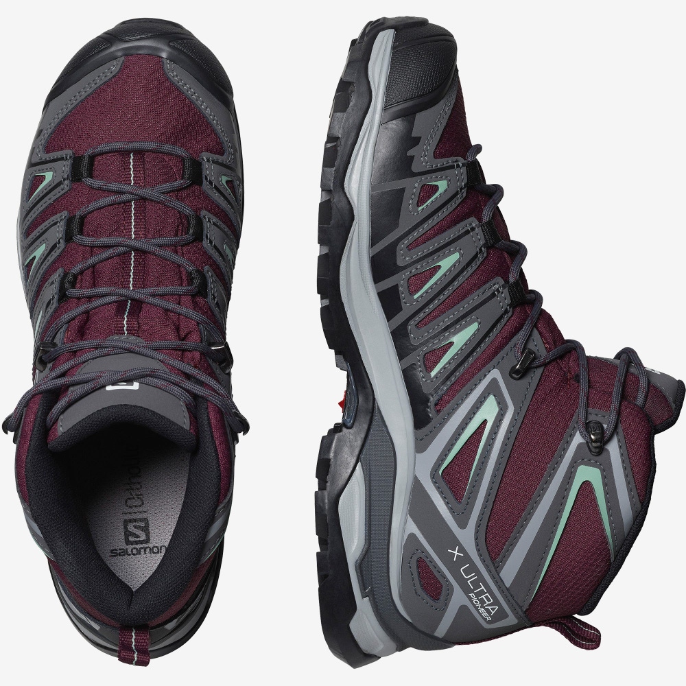 Women's Salomon X ULTRA PIONEER MID CLIMASALOMON™ WATERPROOF Hiking Boots Burgundy/Grey Green | SA25094-017