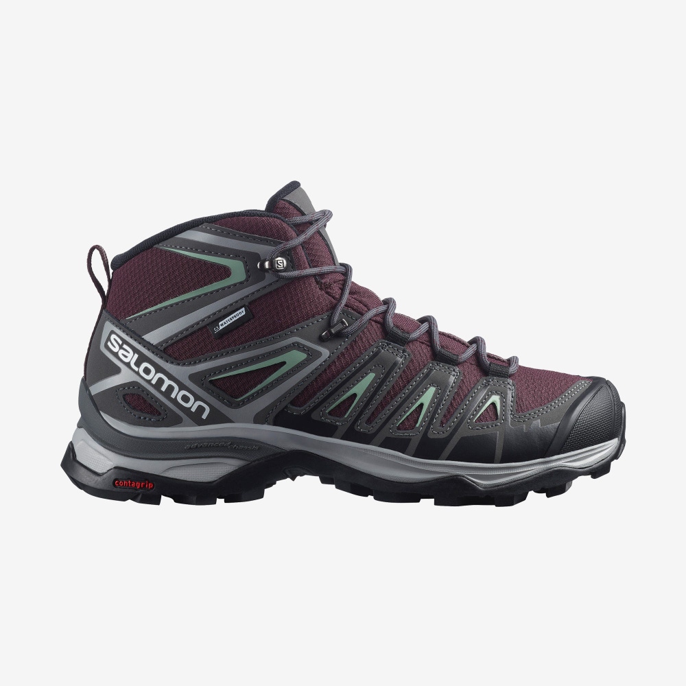 Women\'s Salomon X ULTRA PIONEER MID CLIMASALOMON™ WATERPROOF Hiking Boots Burgundy/Grey Green | SA25094-017