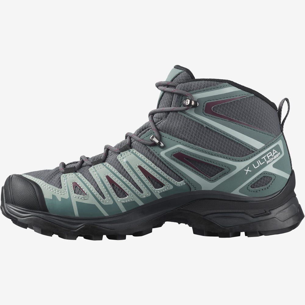 Women's Salomon X ULTRA PIONEER MID CLIMASALOMON™ WATERPROOF Hiking Boots Grey/Green/Grey | SA35678-562