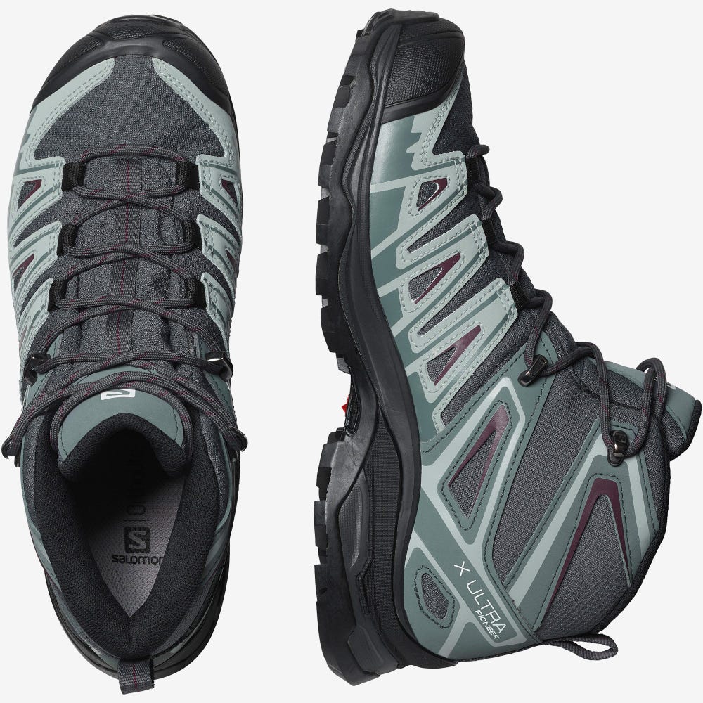 Women's Salomon X ULTRA PIONEER MID CLIMASALOMON™ WATERPROOF Hiking Boots Grey/Green/Grey | SA35678-562